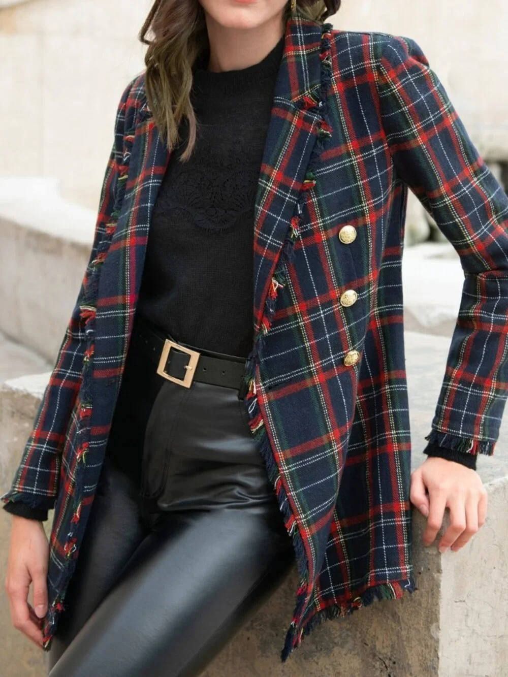 Multicolor Elegant Women's Lapel Collar Fringe Trim Tartan Blazer